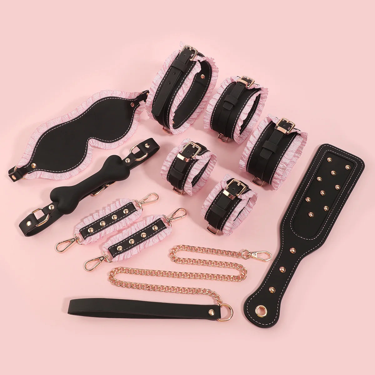 Conjunto de Bondage encaje rosa, esposas, puños de tobillo, antifaz, paleta y Collar.