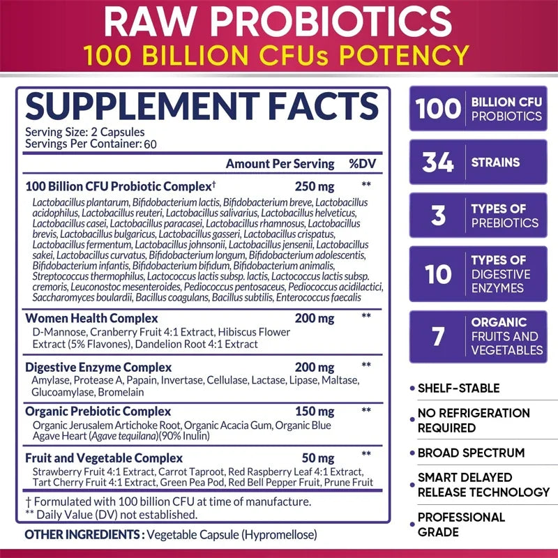 Probióticos orgánicos naturales, enzimas intestinal e inmunológica, 100 mil millones de probioticos.