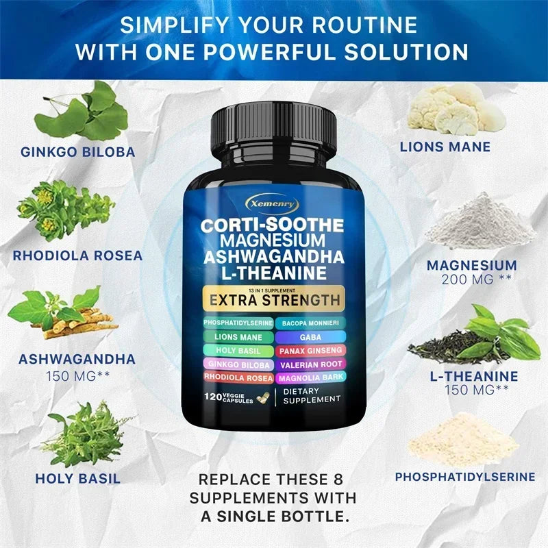 Corti-Soothe Cortisol con magnesio, Ashwagandha, L-Theanine: ayuda a reducir la Cortisol, estabiliza el estado de ánimo y promover la relajación