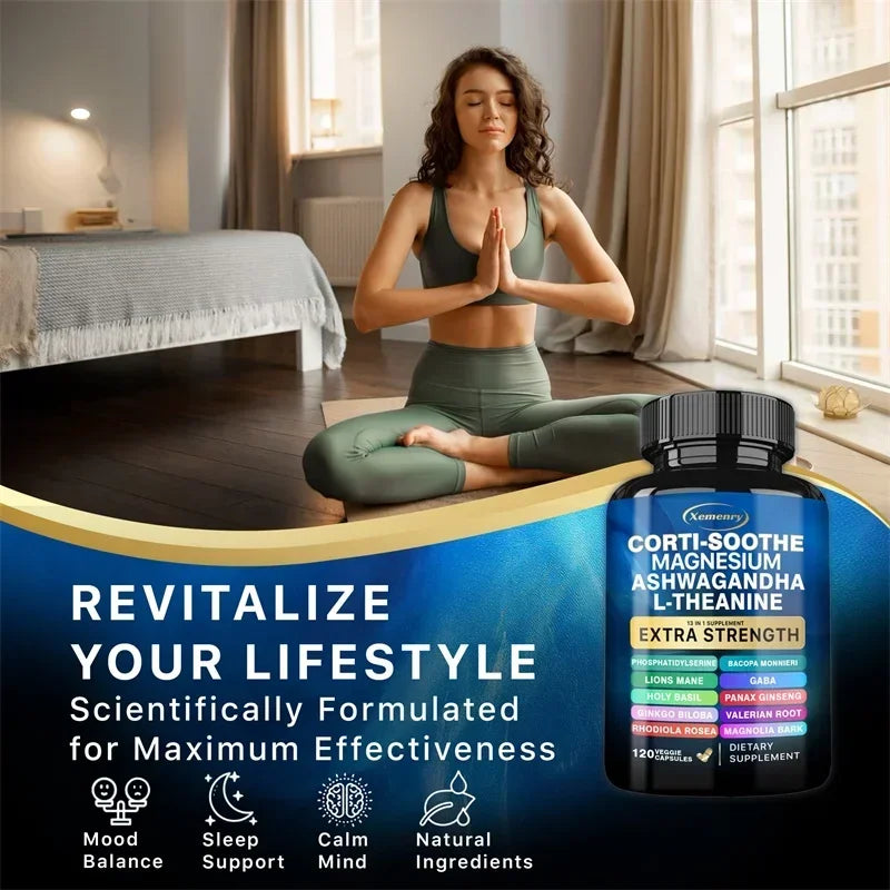 Corti-Soothe Cortisol con magnesio, Ashwagandha, L-Theanine: ayuda a reducir la Cortisol, estabiliza el estado de ánimo y promover la relajación