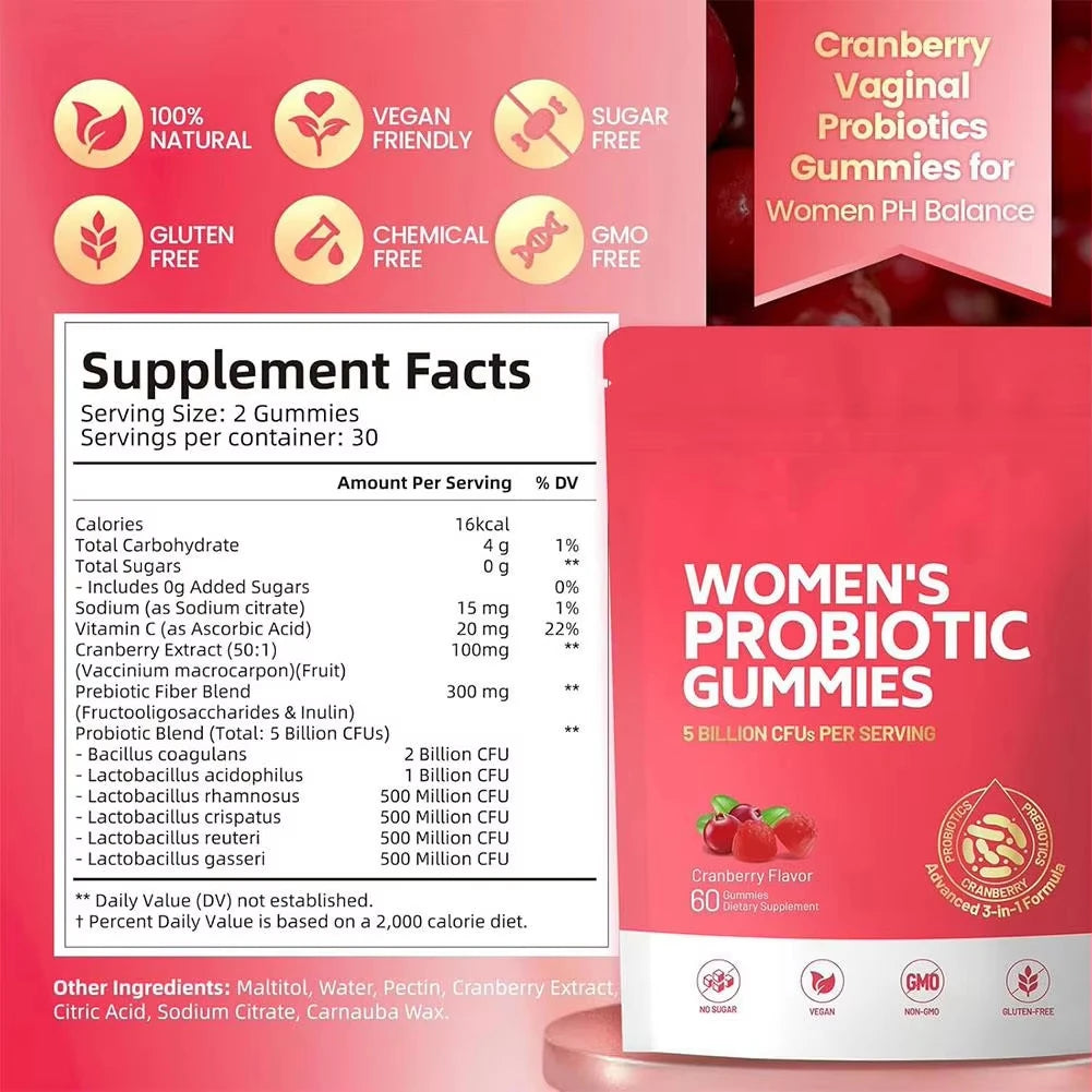 Gomitas de arándano probióticas para mujeres, equilibra el pH femenino para un olor vaginal saludable, salud intestinal, digestiva y urinaria
