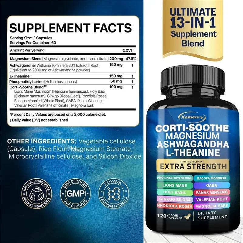 Corti-Soothe Cortisol con magnesio, Ashwagandha, L-Theanine: ayuda a reducir la Cortisol, estabiliza el estado de ánimo y promover la relajación