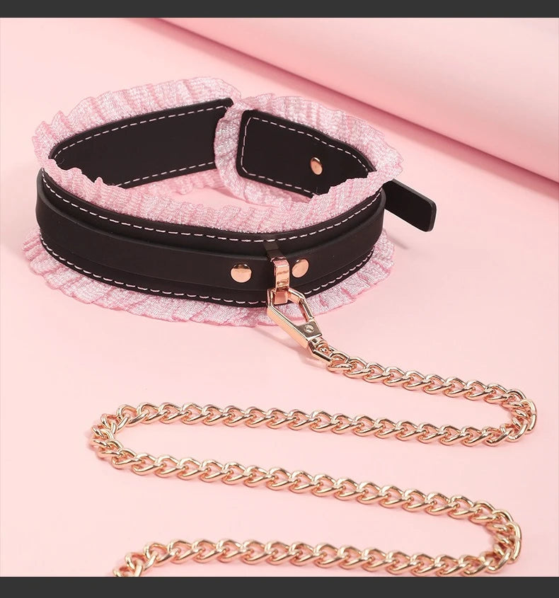 Conjunto de Bondage encaje rosa, esposas, puños de tobillo, antifaz, paleta y Collar.